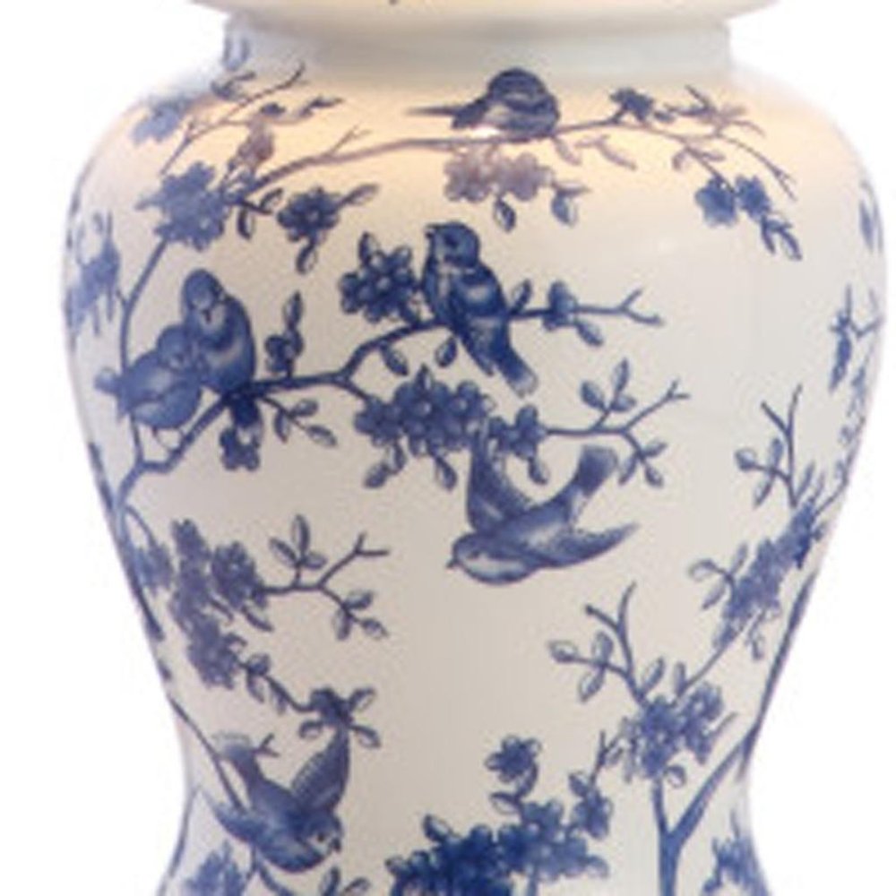 Set of Two 22" White Blue And Gold Urn Table Lamps With Empire Shades