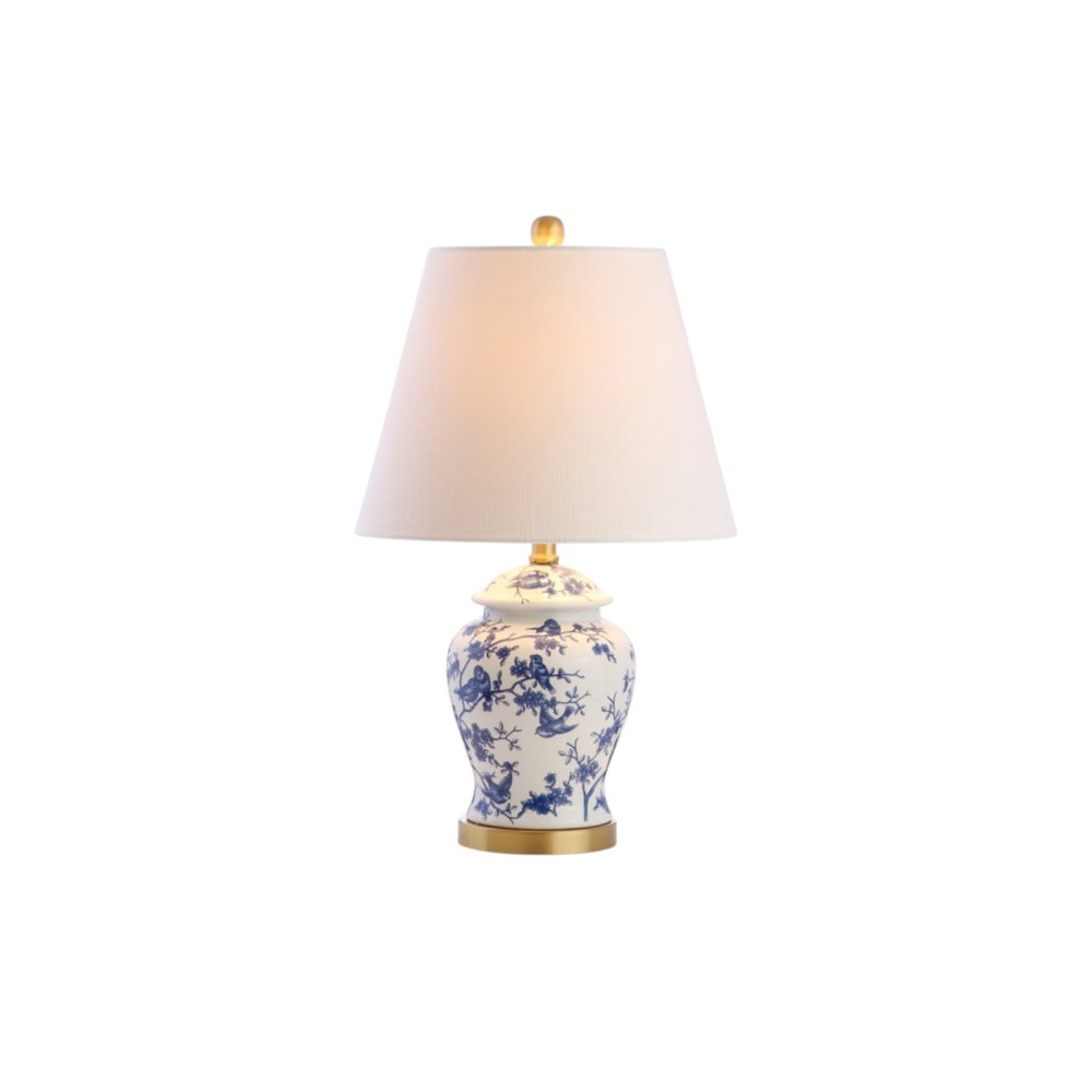 Set of Two 22" White Blue And Gold Urn Table Lamps With Empire Shades