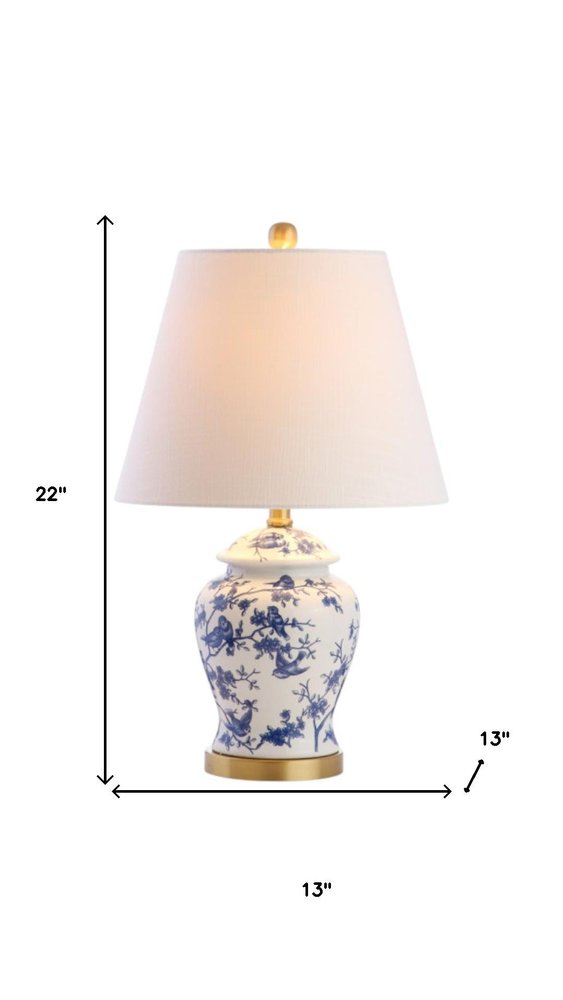 Set of Two 22" White Blue And Gold Urn Table Lamps With Empire Shades