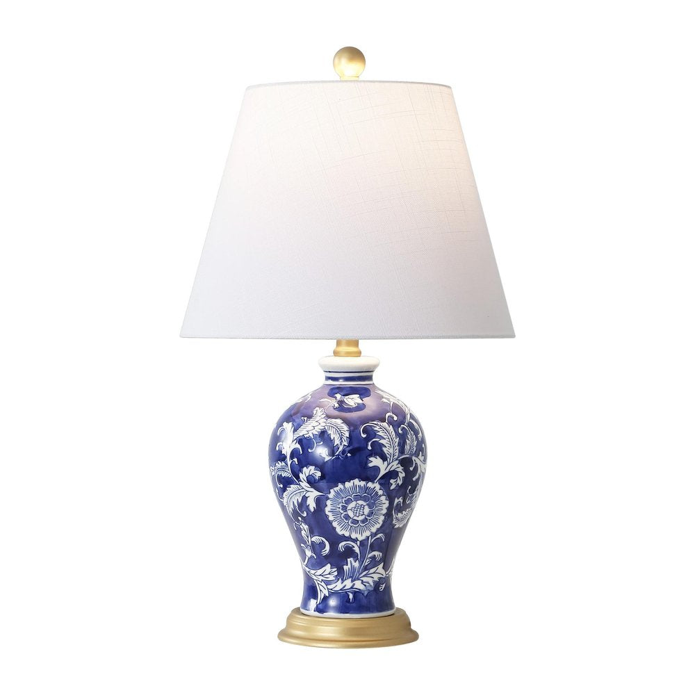 24" Blue Gold And White Urn Bedside Lamp With Empire Shade. Lamp isolated on a plain white background, in a white finish.