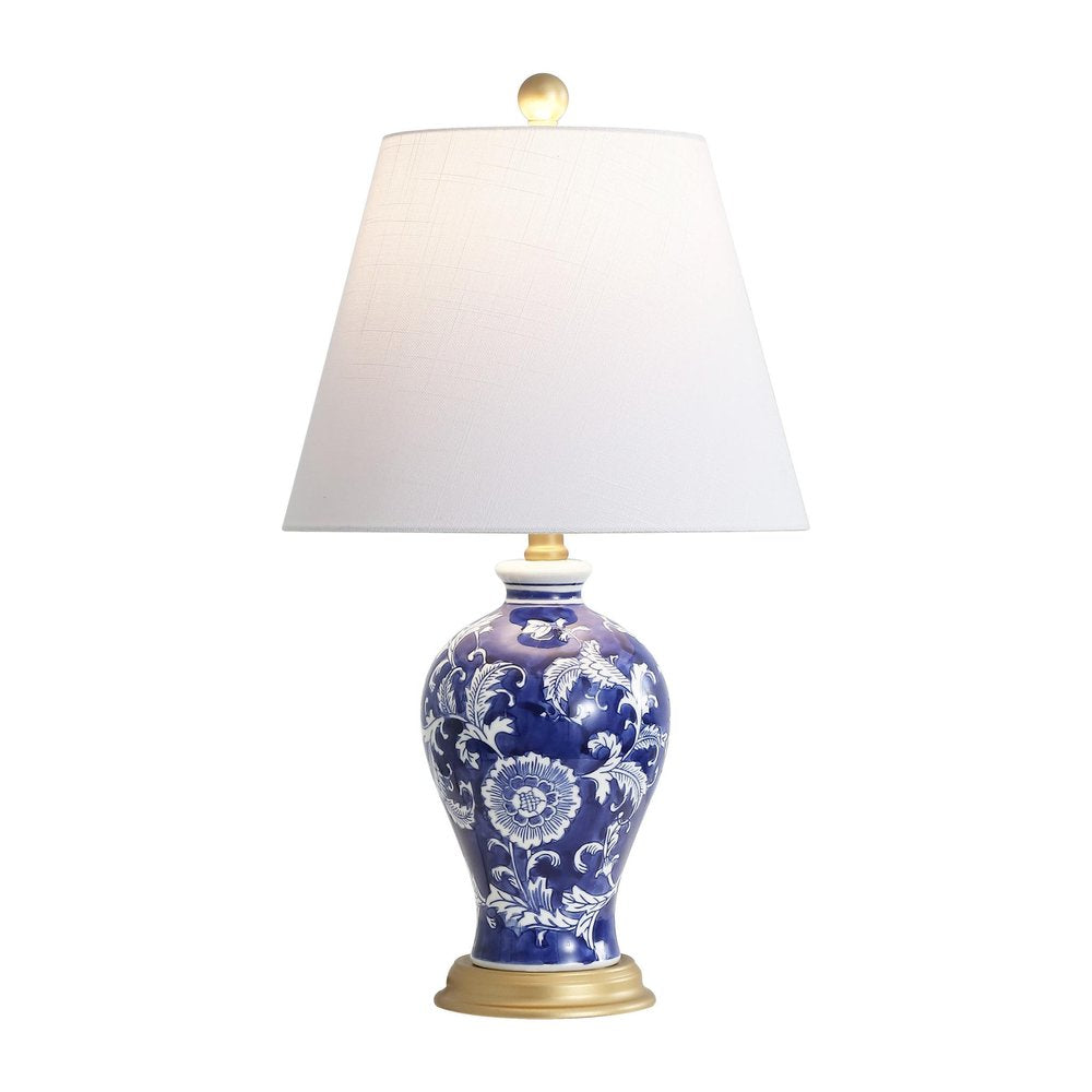 24" Blue Gold And White Urn Bedside Lamp With Empire Shade. Lamp isolated on a plain white background, finished in white.
