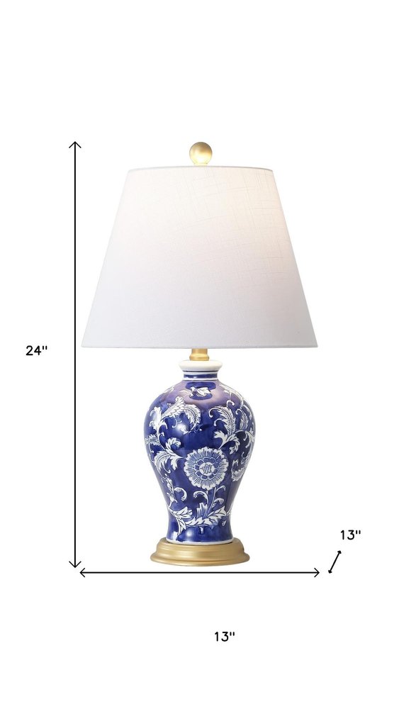 24" Blue Gold And White Urn Bedside Lamp With Empire Shade. Lamp isolated on a plain white background, finished in white.