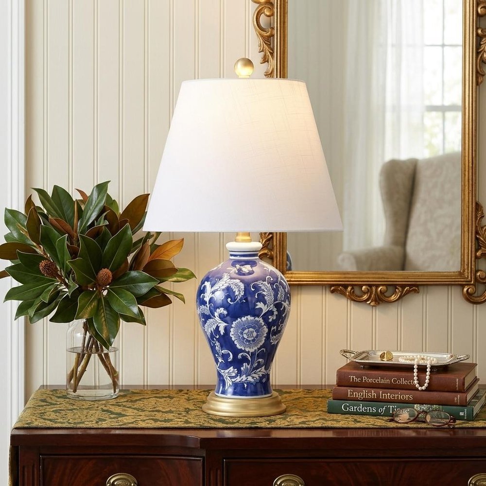 24" Blue Gold And White Urn Bedside Lamp With Empire Shade styled in a furnished interior with a cream wall on a black floor.