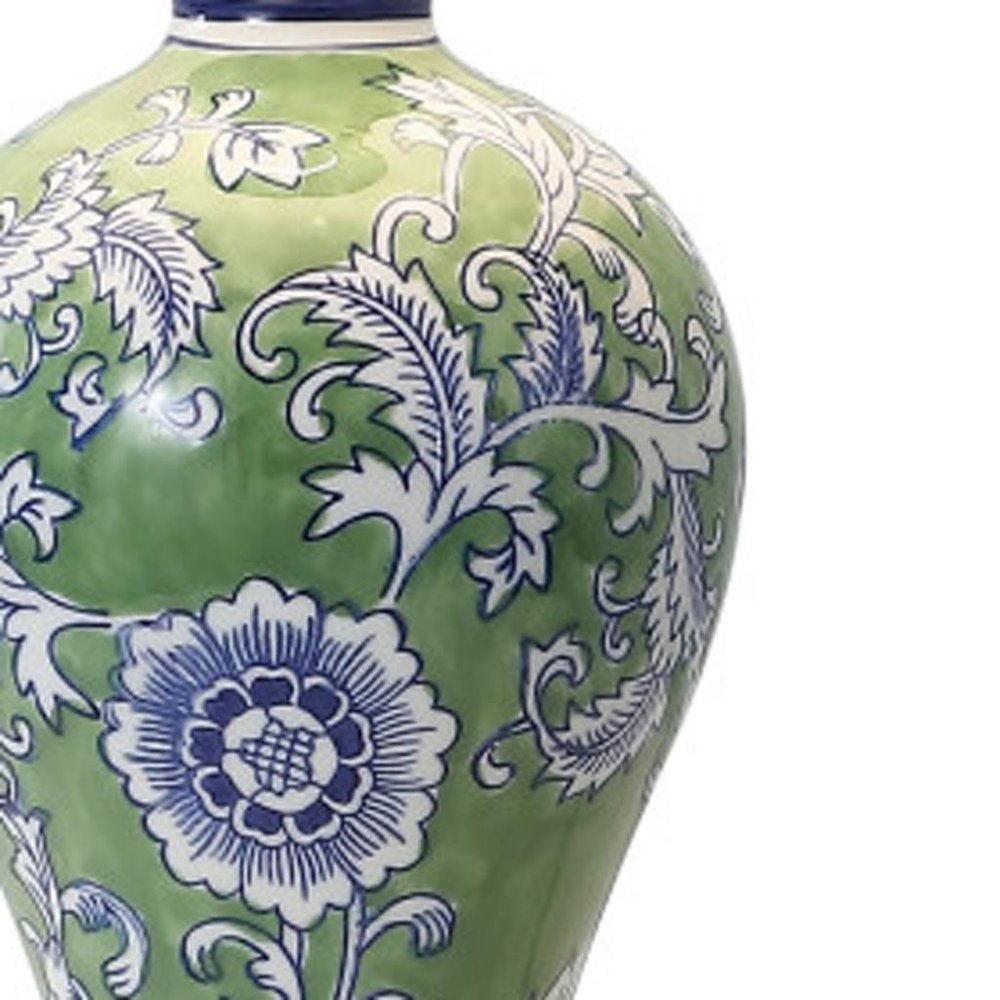 24" Green And Gold Urn Table Lamp With Empire Shade. Table lamp isolated on a plain white background, in a green finish.