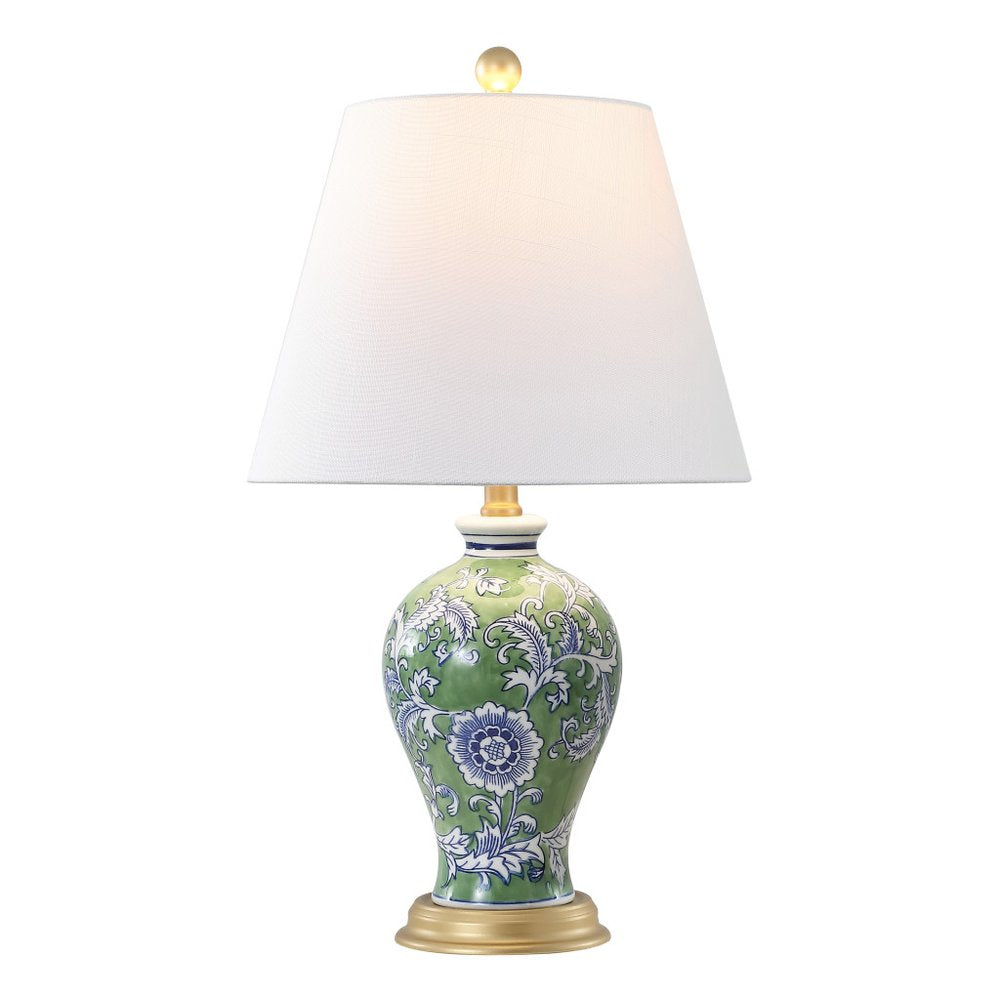 24" Green And Gold Urn Table Lamp With Empire Shade. Table lamp isolated on a plain white background, finished in green.