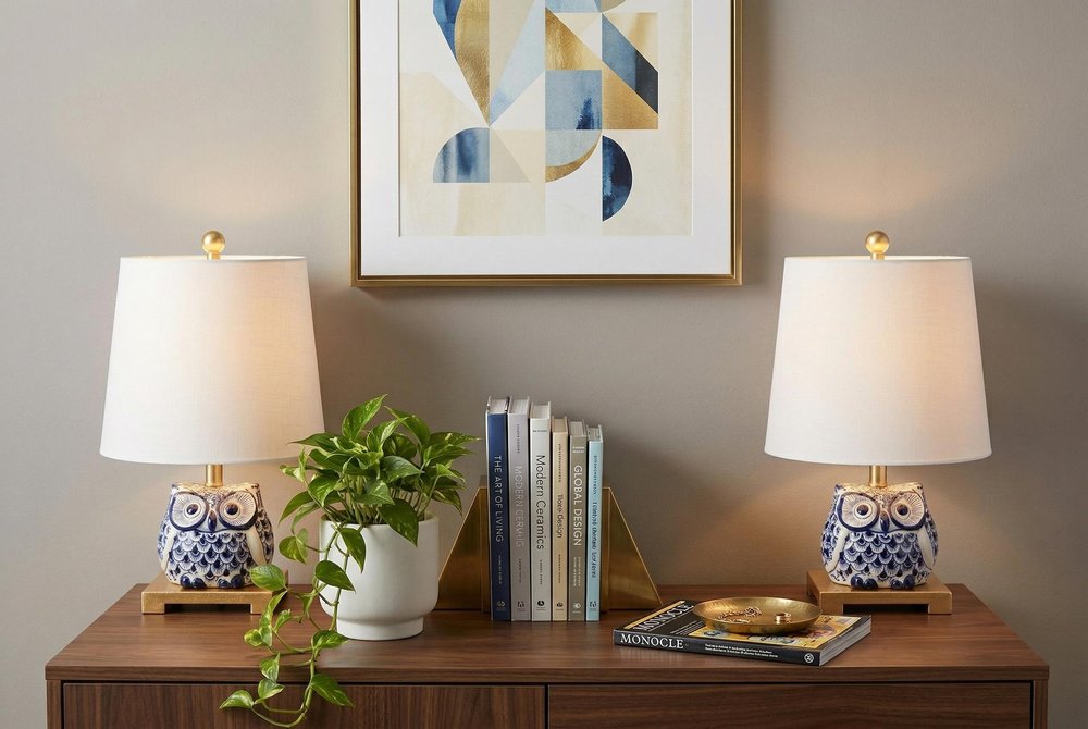 Set of Two 16" Gold Novelty Bedside Lamps With Empire Shades