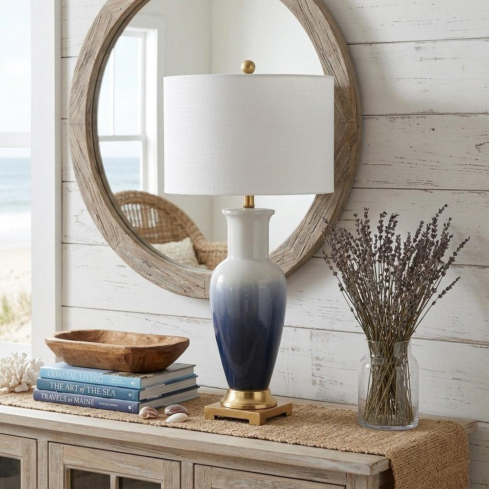 32" Gold Novelty Table Lamp With Drum Shade. Table lamp in gold.