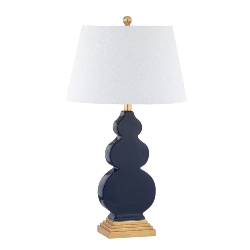 29" Gold Novelty Table Lamp With Drum Shade. Table lamp isolated on a plain white background, finished in gold.