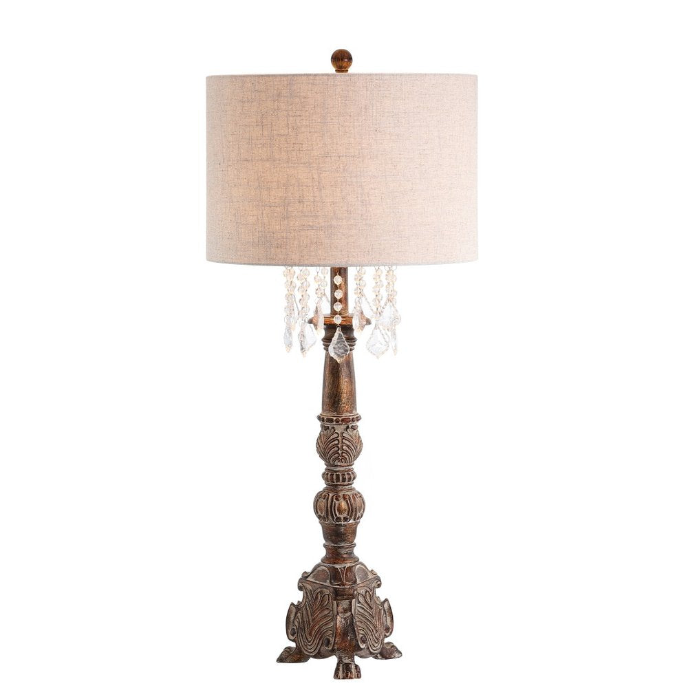 34" Brown Novelty Table Lamp With Drum Shade. Table lamp isolated on a plain white background, showing its brown color.