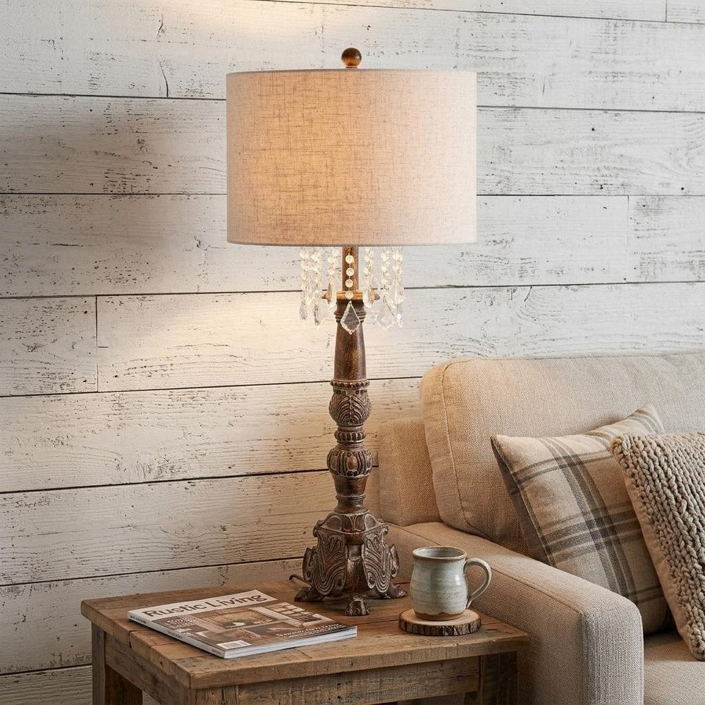 34" Brown Novelty Table Lamp With Drum Shade displayed on a dark wood tabletop in a furnished interior against an off-white wall.