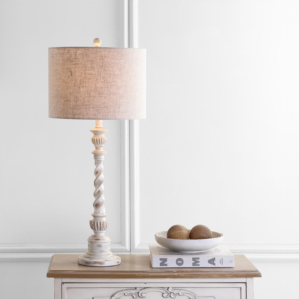 33" White Table Lamp With Drum Shade. Table lamp isolated on a plain white background, showing its white color.