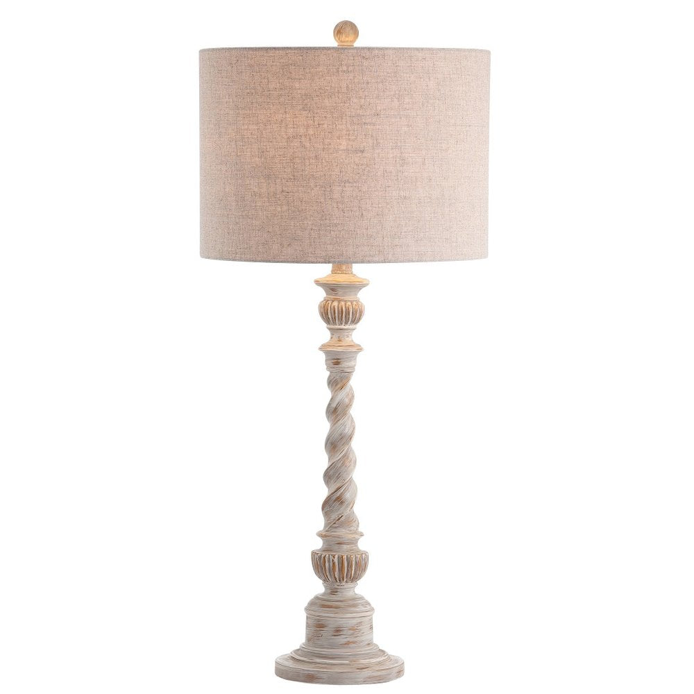 33" White Table Lamp With Drum Shade. Table lamp isolated on a plain white background, showing its white color.
