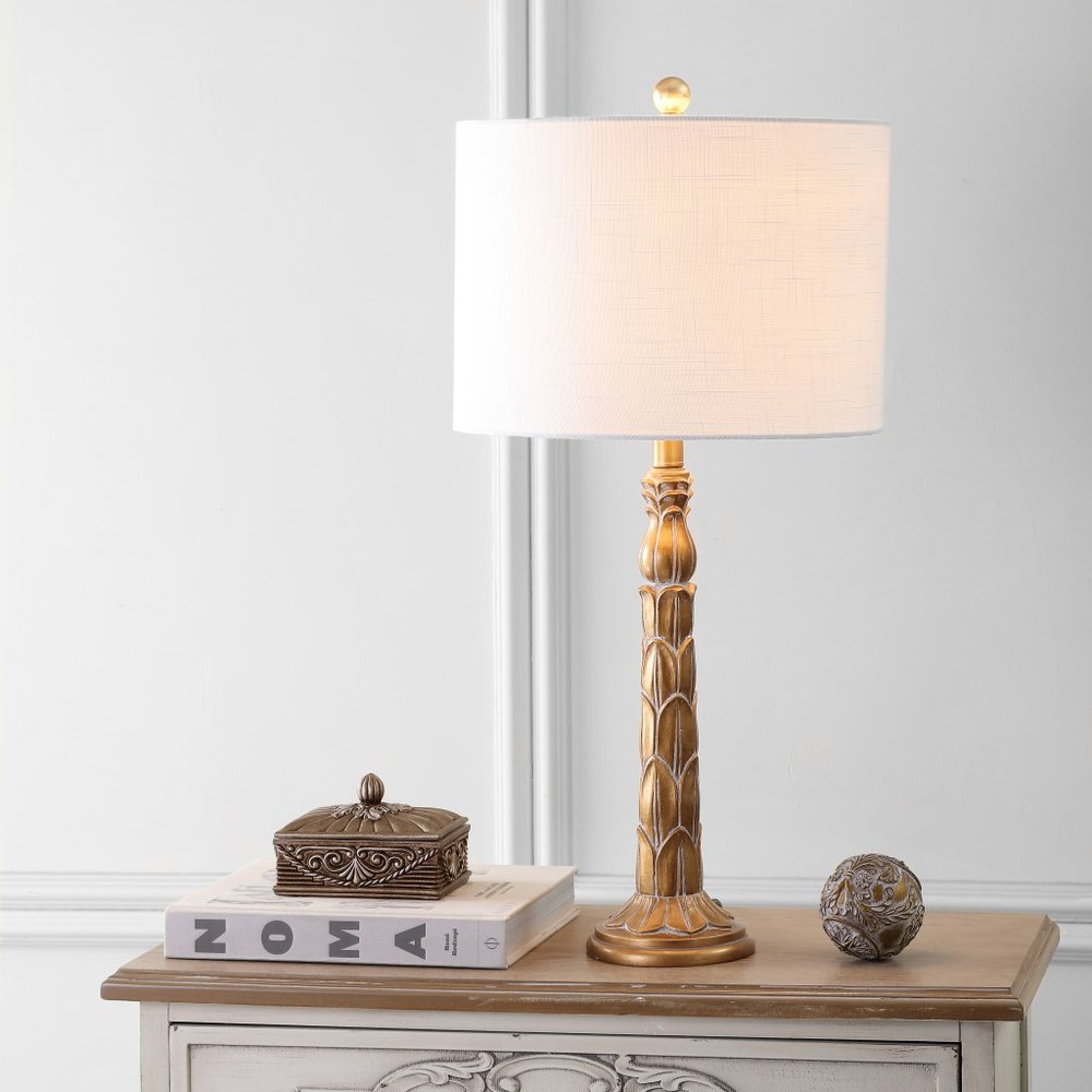 29" Antiqued Gold Table Lamp With Drum Shade. Table lamp in gold.
