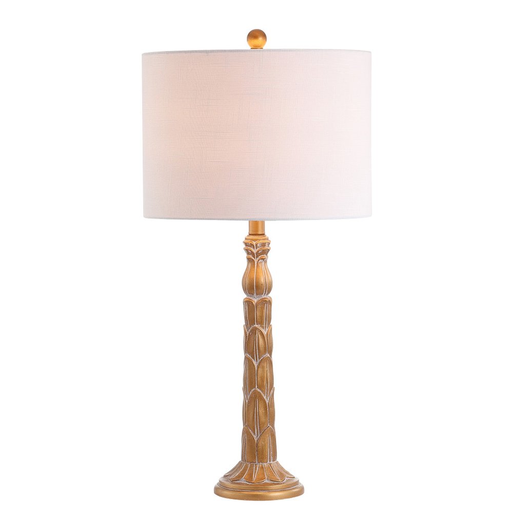 29" Antiqued Gold Table Lamp With Drum Shade. Table lamp isolated on a plain white background, finished in gold.