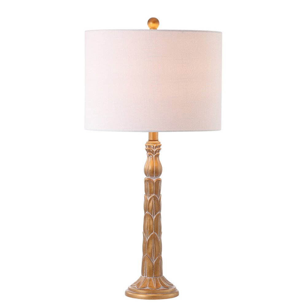 29" Antiqued Gold Table Lamp With Drum Shade. Table lamp isolated on a plain white background, finished in gold.