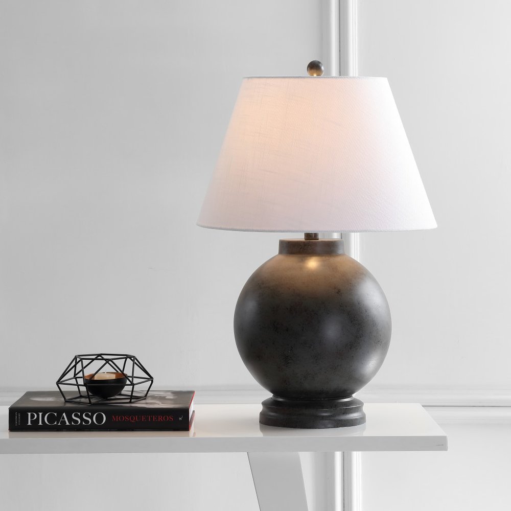 26" Dark Gray Novelty Table Lamp With Drum Shade. Table lamp isolated on a plain white background, in a charcoal finish.