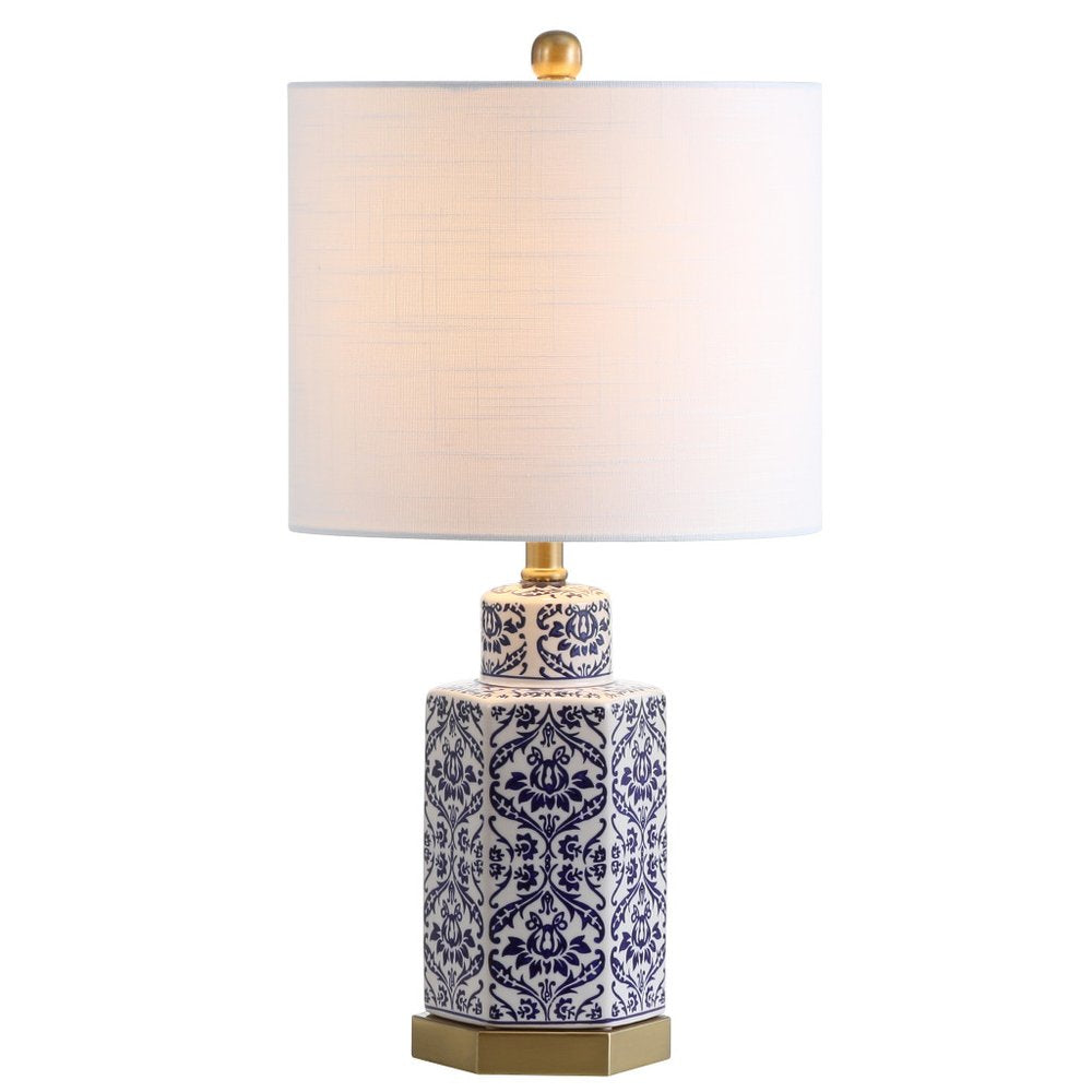 24" Navy Blue Gold And White Table Lamp With Drum Shade. Table lamp isolated on a plain white background, in a white finish.