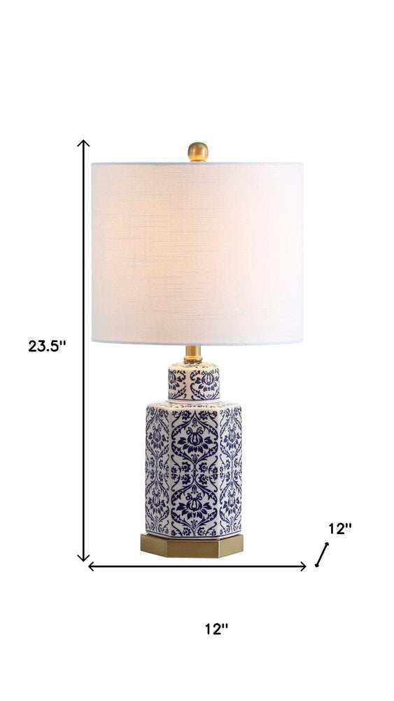 24" Navy Blue Gold And White Table Lamp With Drum Shade. Table lamp isolated on a plain white background, showing its white color.