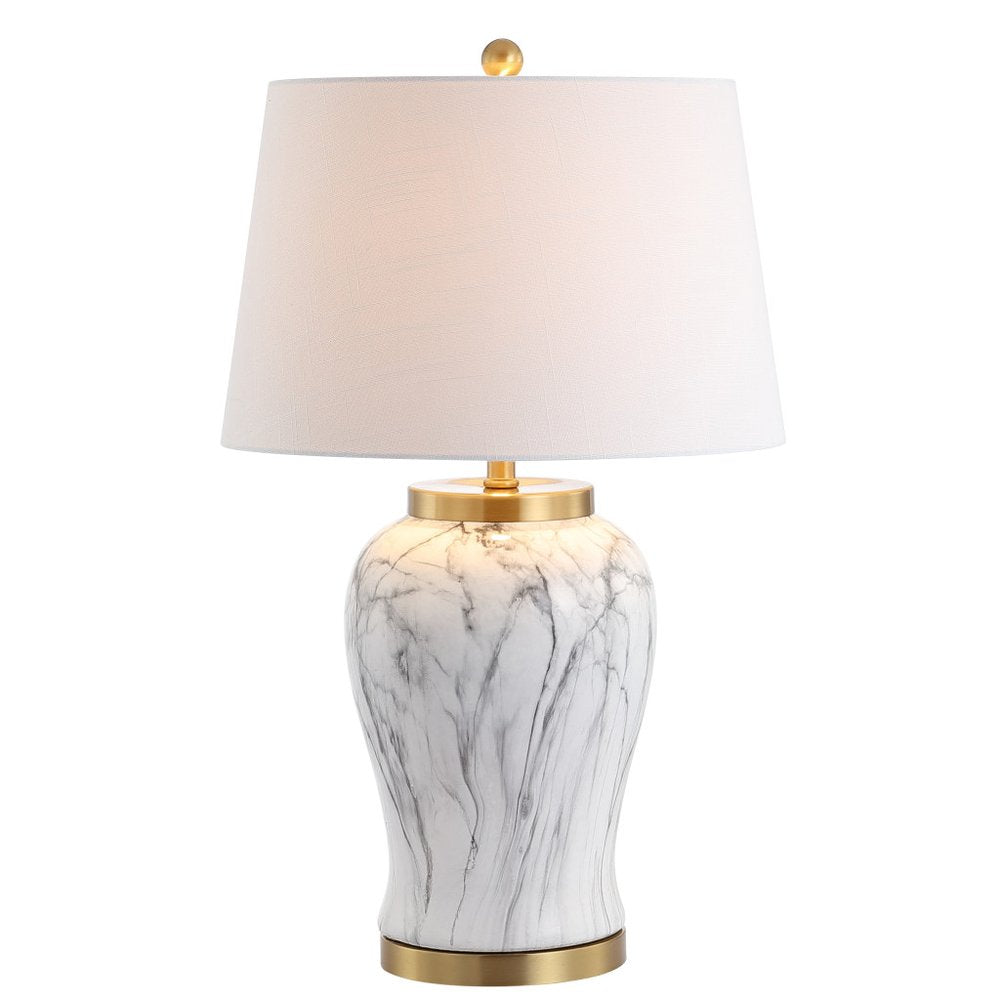 28" Gray White And Gold Urn Table Lamp With Empire Shade. Table lamp isolated on a plain white background, in a white finish.