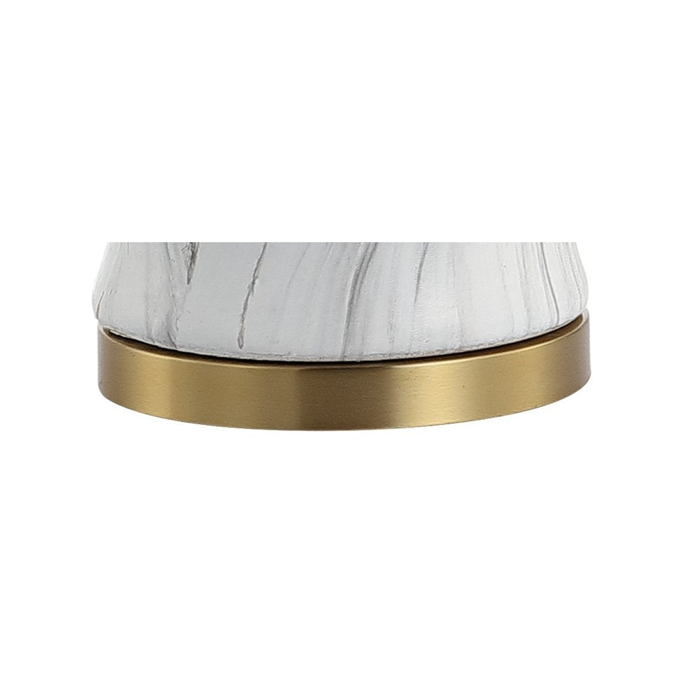 28" Gray White And Gold Urn Table Lamp With Empire Shade. Table lamp isolated on a plain white background, showing its gold color.