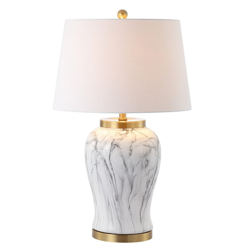 28" Gray White And Gold Urn Table Lamp With Empire Shade. Table lamp isolated on a plain white background, in a white finish.