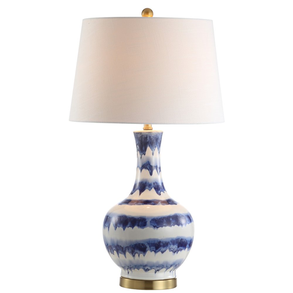 31" Blue White And Gold Novelty Table Lamp With Globe Shade. Table lamp isolated on a plain white background, showing its white color.