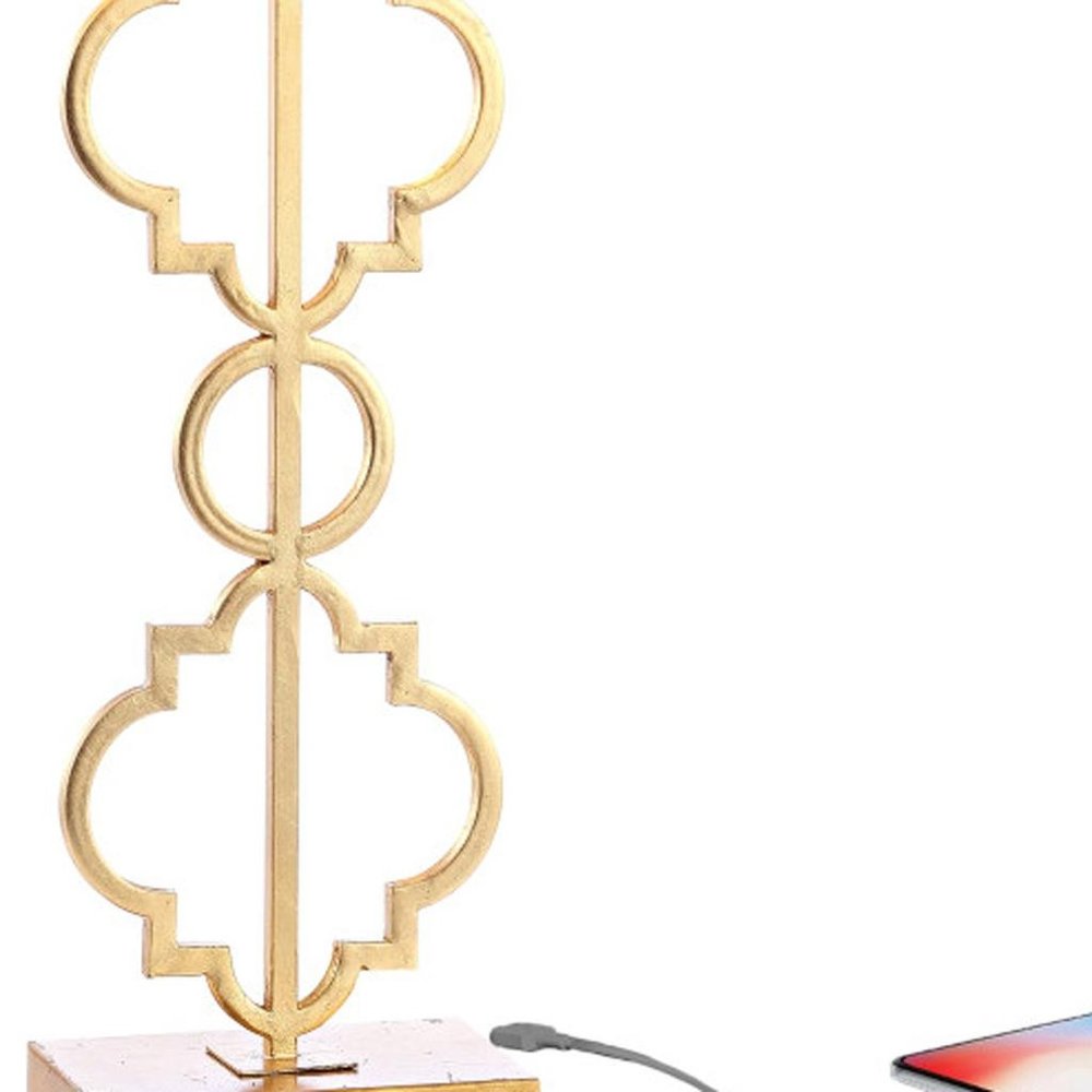 32" Gold Geometric Table Lamp With Shade. Table lamp isolated on a plain white background, in a gold finish.