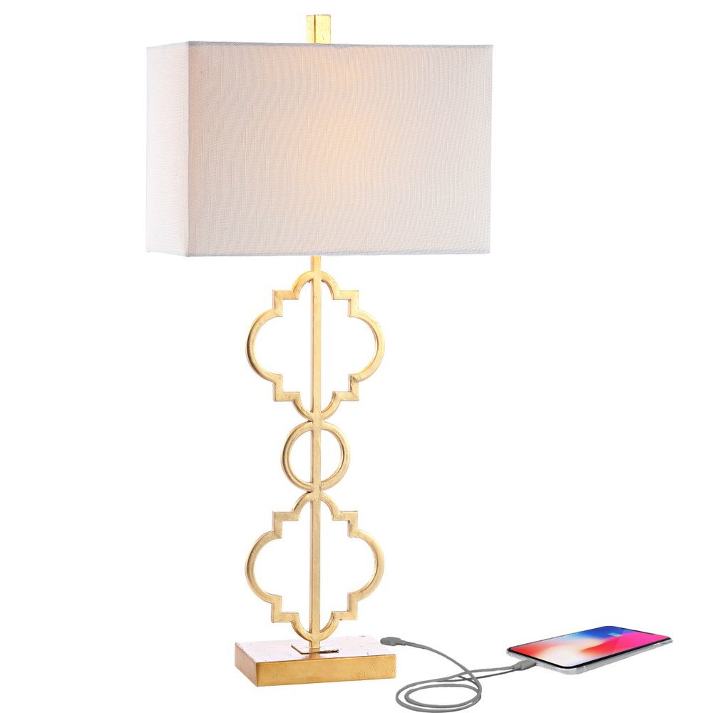 32" Gold Geometric Table Lamp With Shade. Table lamp isolated on a plain white background.