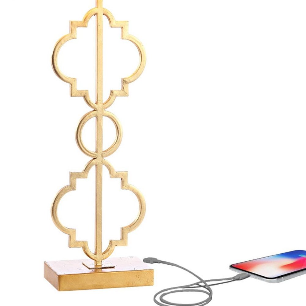 32" Gold Geometric Table Lamp With Shade. Table lamp isolated on a plain white background, showing its gold color.