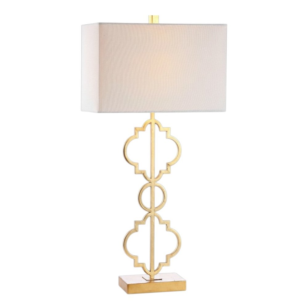 32" Gold Geometric Table Lamp With Shade. Table lamp isolated on a plain white background, finished in gold.