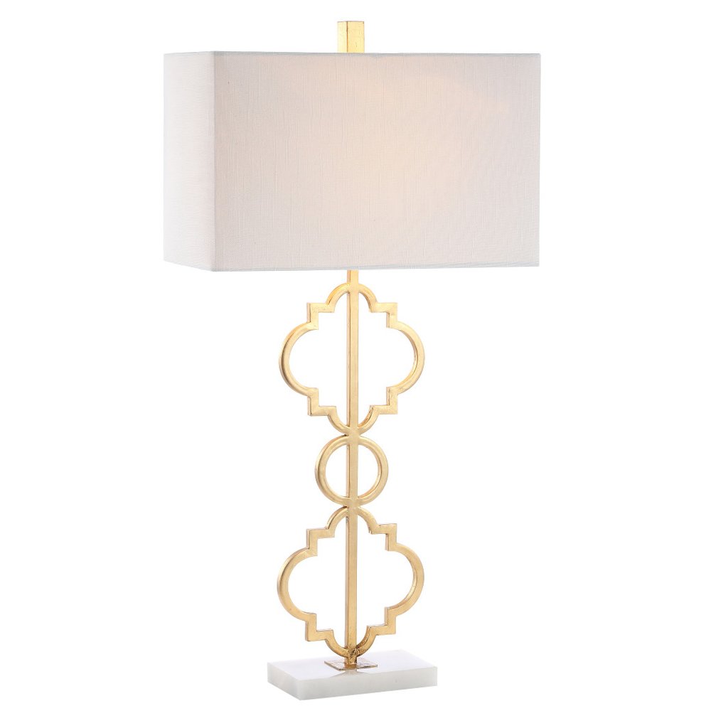 32" White Geometric Table Lamp With Shade. Table lamp isolated on a plain white background, in a white finish.