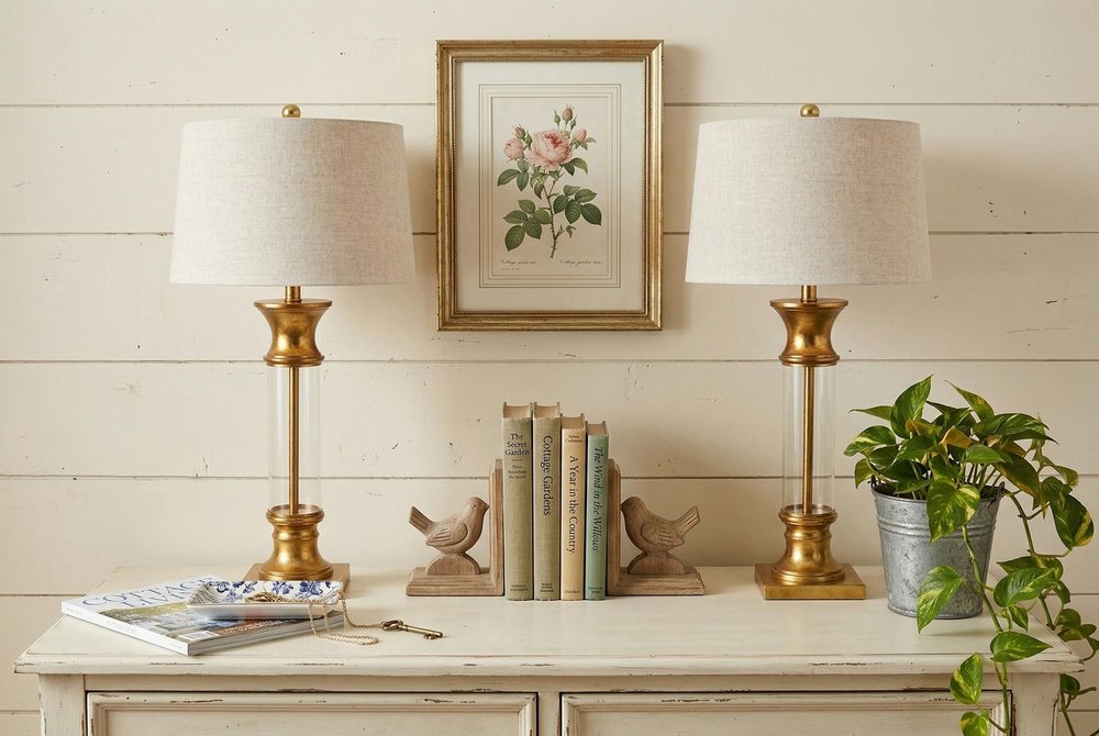 Set of Two 32" Gold Novelty Table Lamps With Drum Shades in a home interior