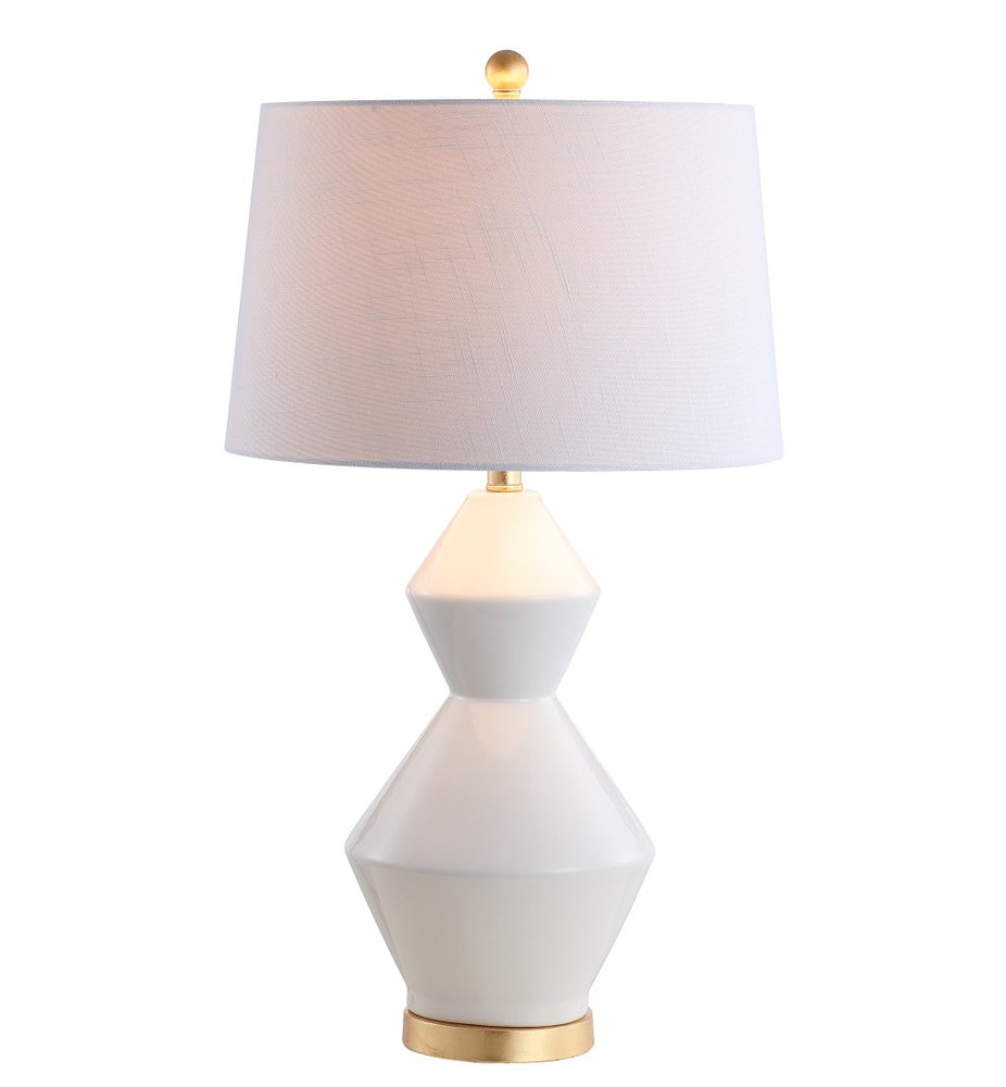29" White And Gold Novelty Bedside Lamp With Drum Shade. Lamp isolated on a plain white background, in a white finish.