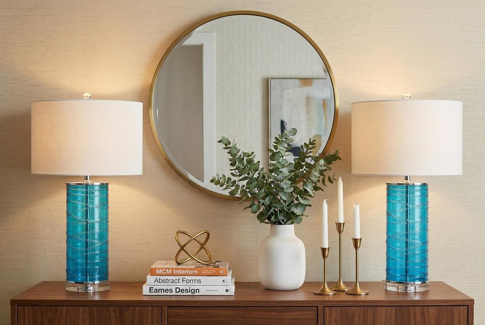 Set of Two 28" Turquoise And Clear Novelty Table Lamps With Drum Shades