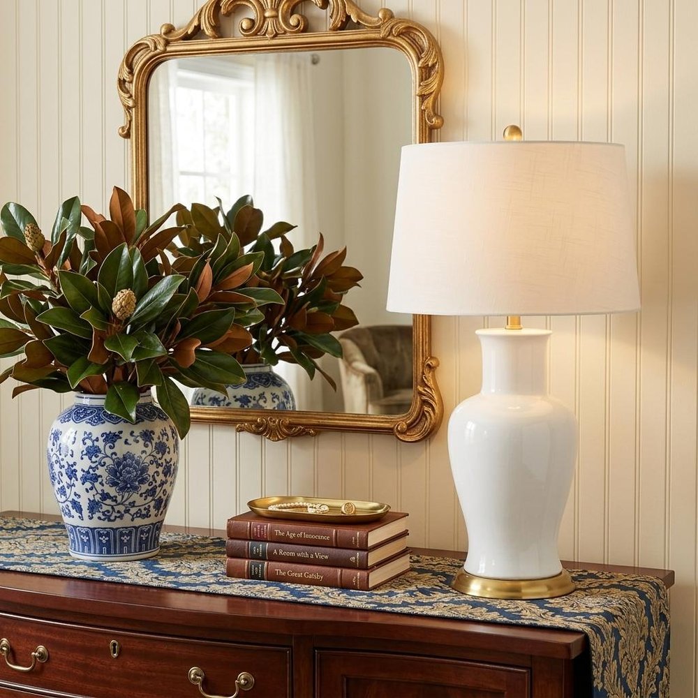 29" Gold Urn Table Lamp With Drum Shade displayed on a tabletop in a furnished interior against a cream wall.