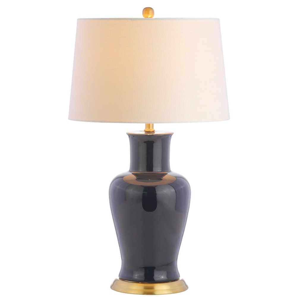 29" Navy Blue And Gold Urn Bedside Lamp With Drum Shade. Lamp isolated on a plain white background, in a navy finish.