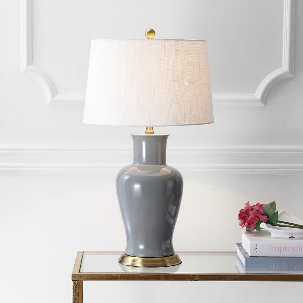 29" Gray And Gold Urn Bedside Lamp With Drum Shade. Lamp in gray.