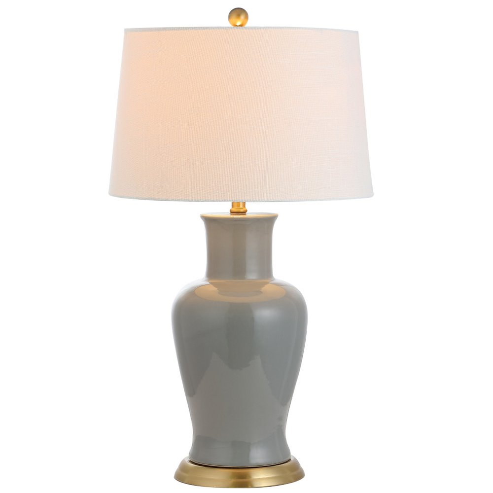 29" Gray And Gold Urn Bedside Lamp With Drum Shade. Lamp isolated on a plain white background, showing its gray color.