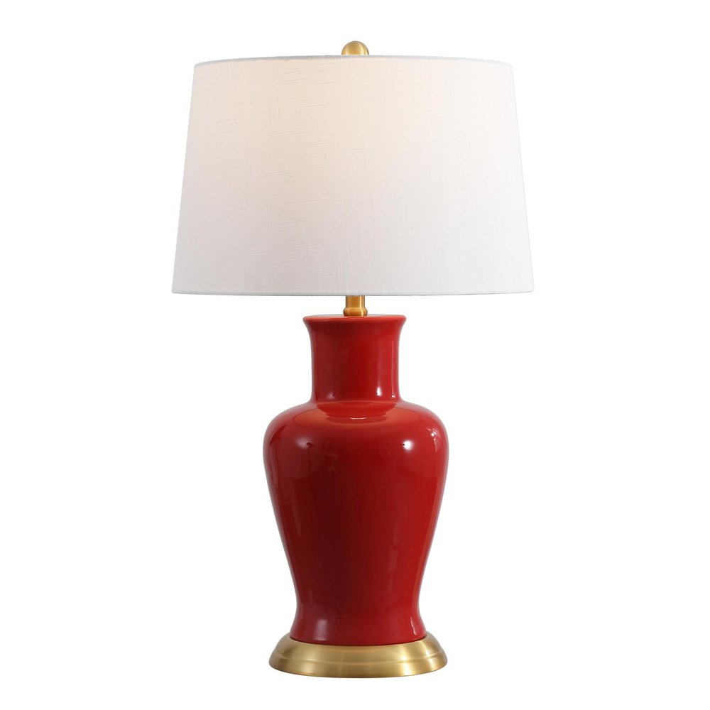 29" Red And Gold Urn Table Lamp With Drum Shade. Table lamp isolated on a plain white background, finished in red.