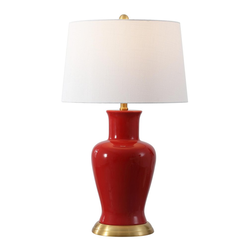 29" Red And Gold Urn Table Lamp With Drum Shade. Table lamp isolated on a plain white background, in a red finish.