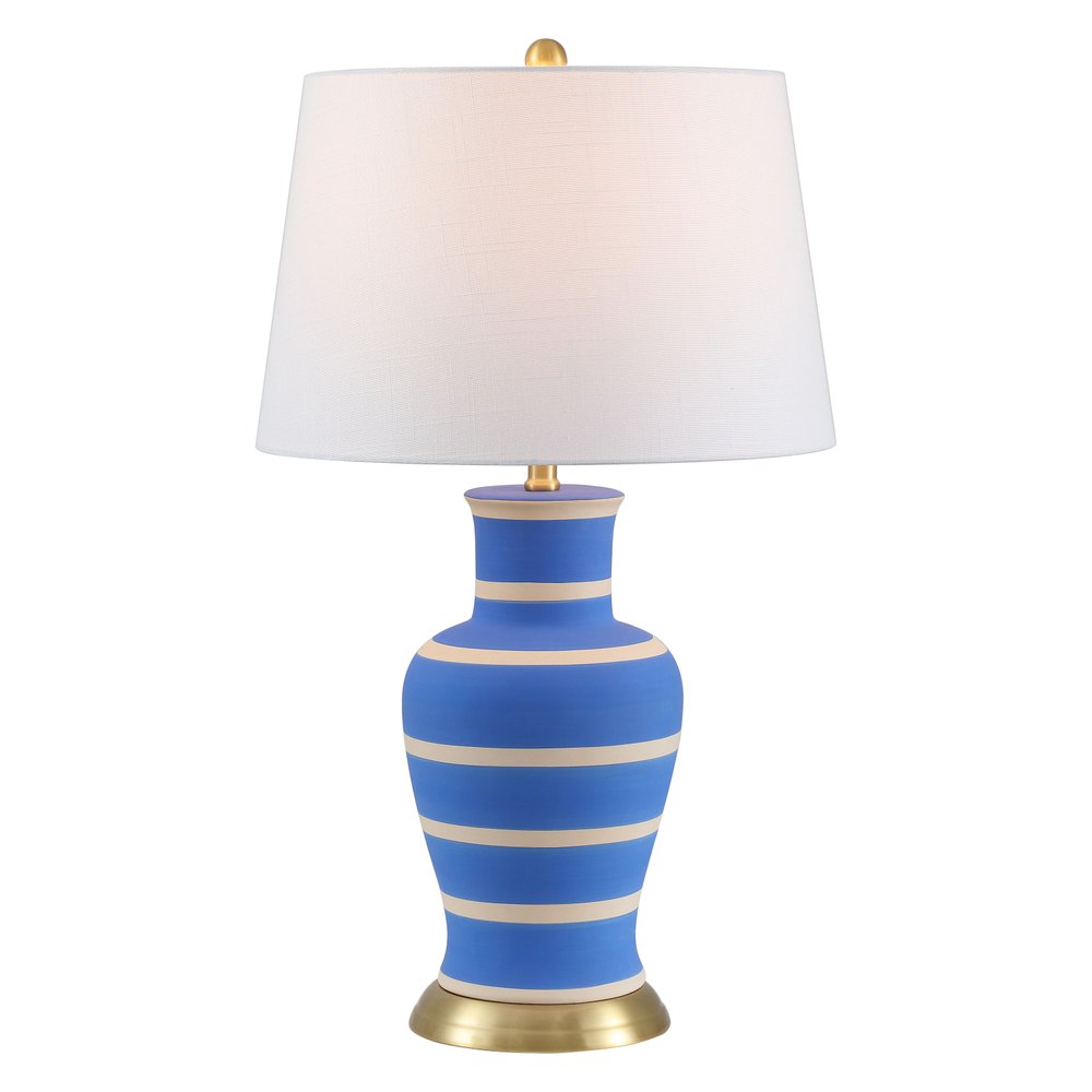 29" Blue Gold And Beige Urn Bedside Lamp With Empire Shade. Lamp isolated on a plain white background, in a beige finish.