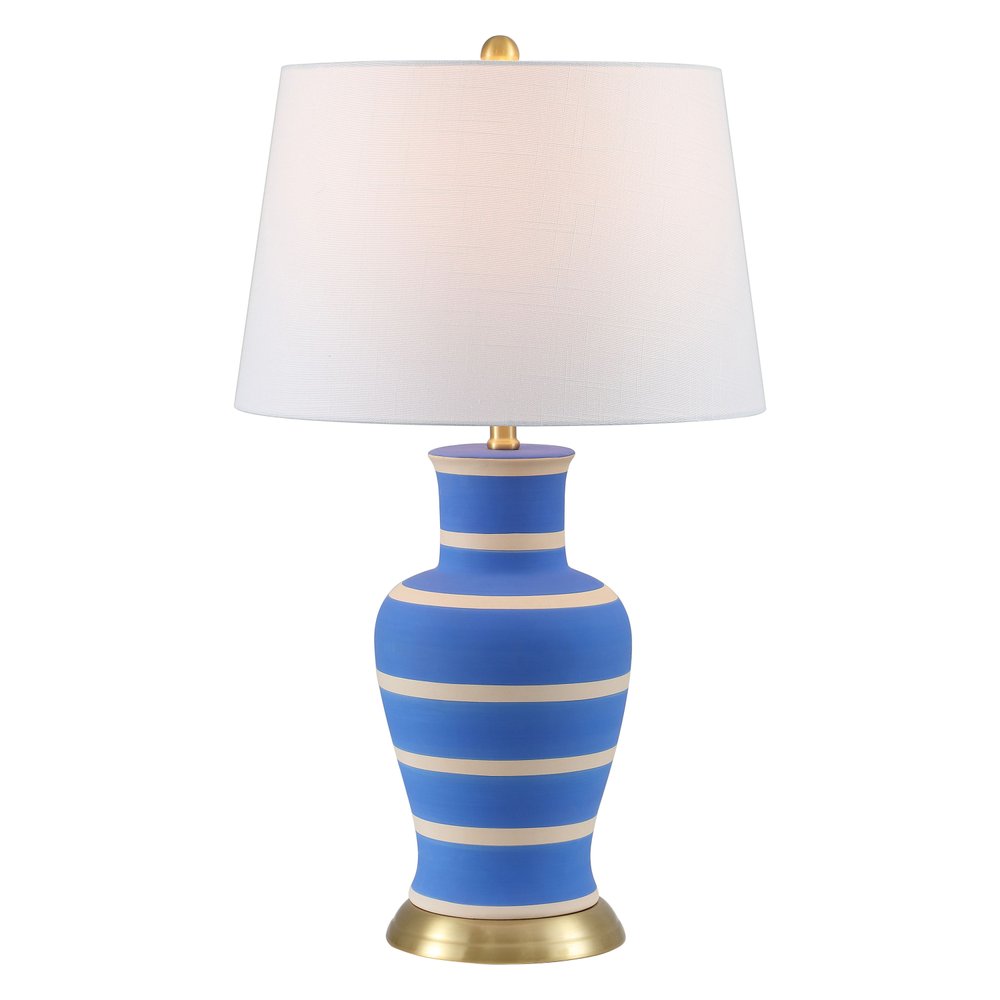 29" Blue Gold And Beige Urn Bedside Lamp With Empire Shade. Lamp isolated on a plain white background, showing its beige color.
