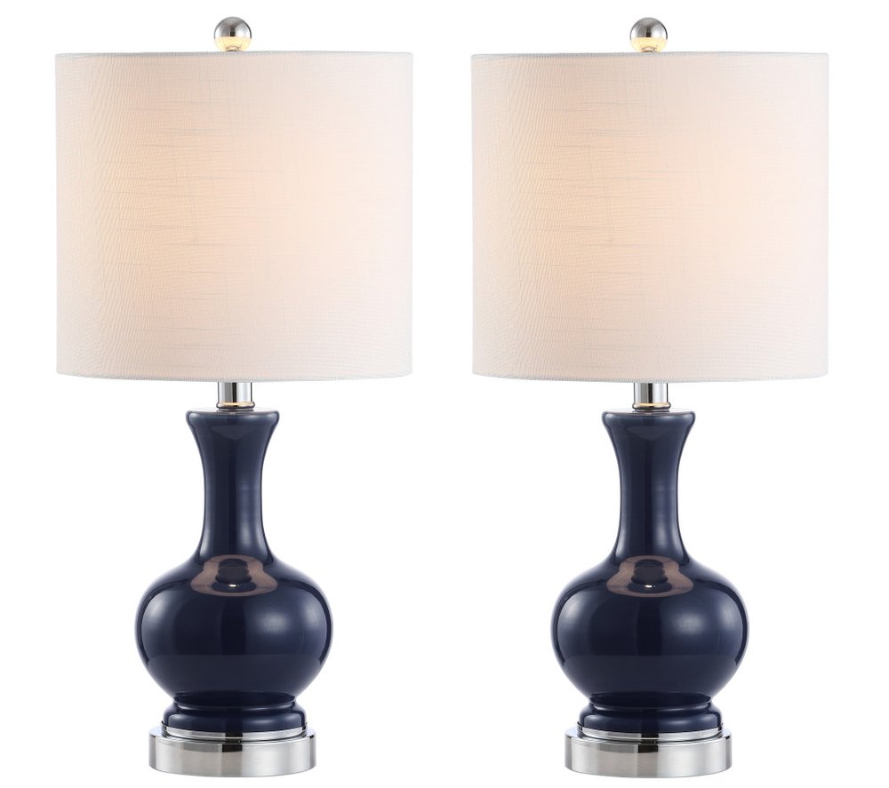 Set of Two 22" Navy Blue And Silver Gourd Bedside Lamps With Drum Shades