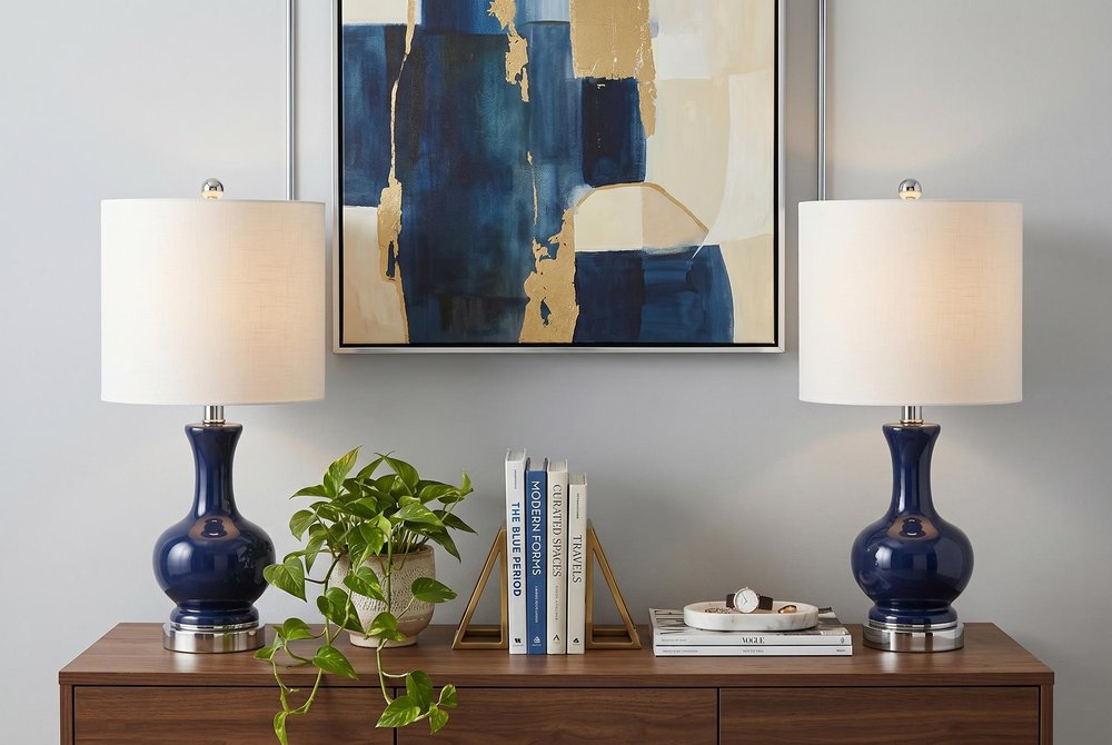 Set of Two 22" Navy Blue And Silver Gourd Bedside Lamps With Drum Shades