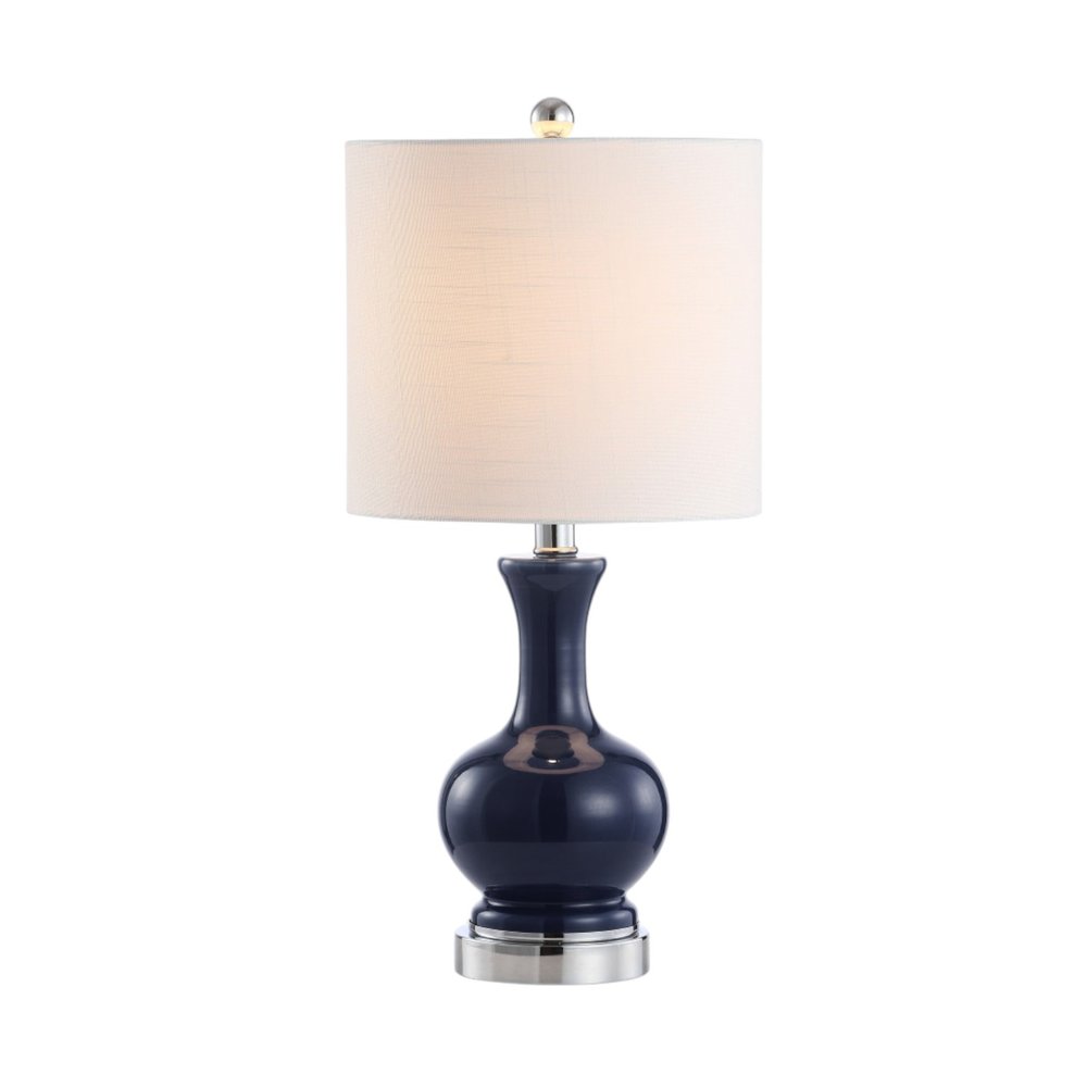 Set of Two 22" Navy Blue And Silver Gourd Bedside Lamps With Drum Shades on a white background