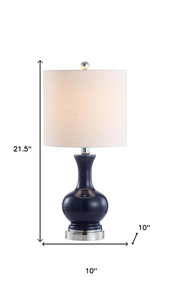 Set of Two 22" Navy Blue And Silver Gourd Bedside Lamps With Drum Shades