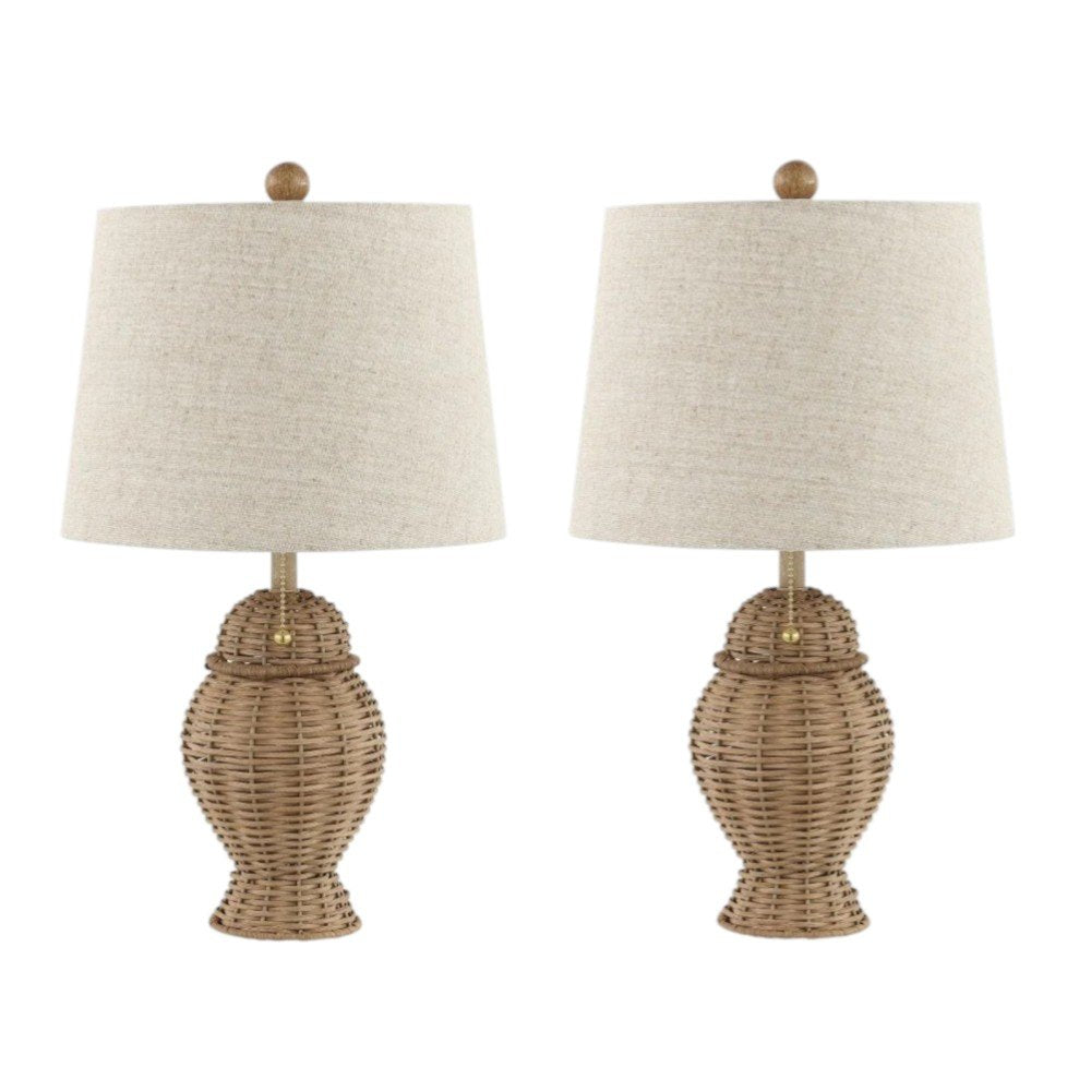 Set of Two 21" Light Brown Urn Table Lamps With Empire Shades on a white background