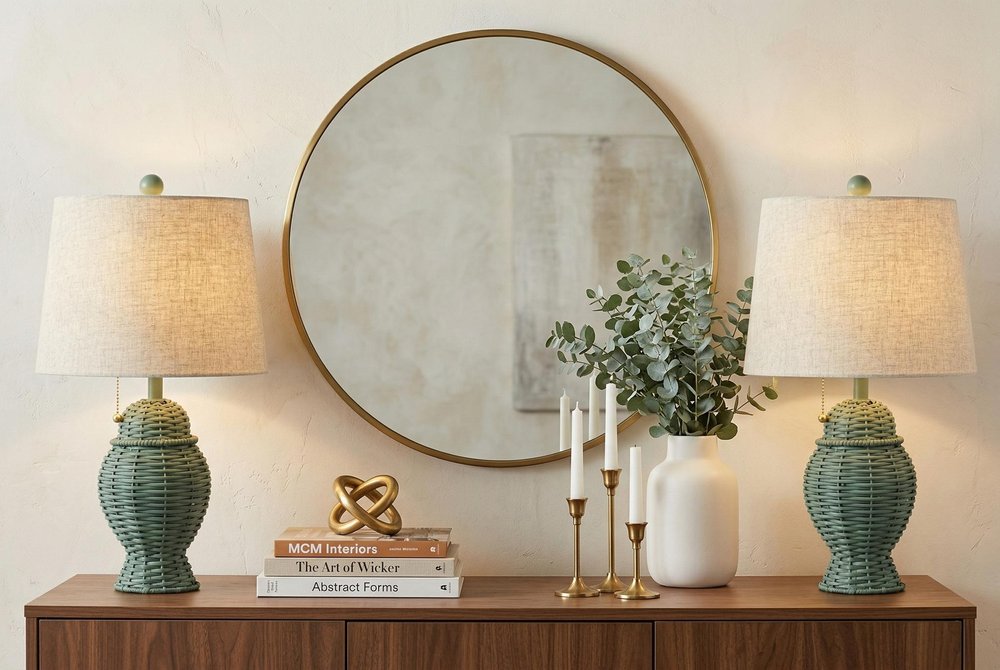 Set of Two 21" Green Urn Bedside Lamps With Empire Shades in a home interior