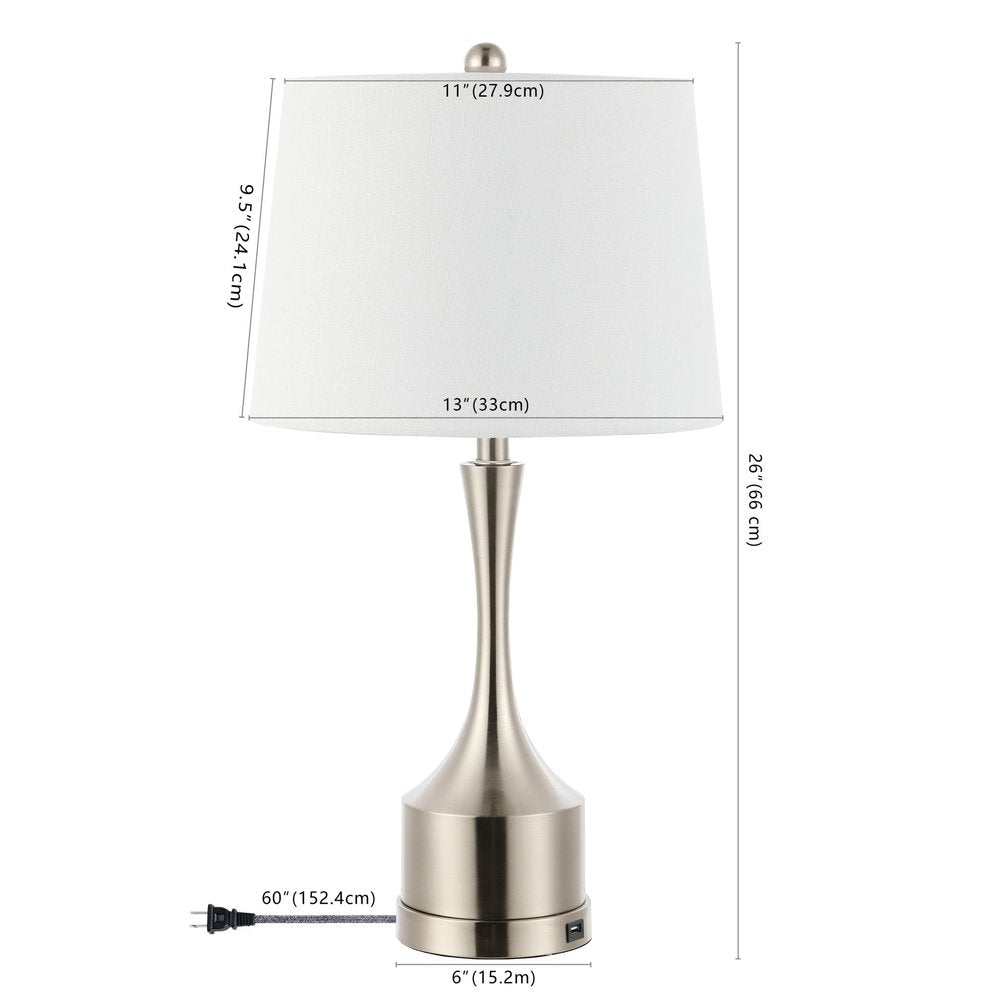 Nickel table lamp with white empire shade, 26" height, 11" top diameter, 13" bottom diameter, 6" base diameter, 60" cord.