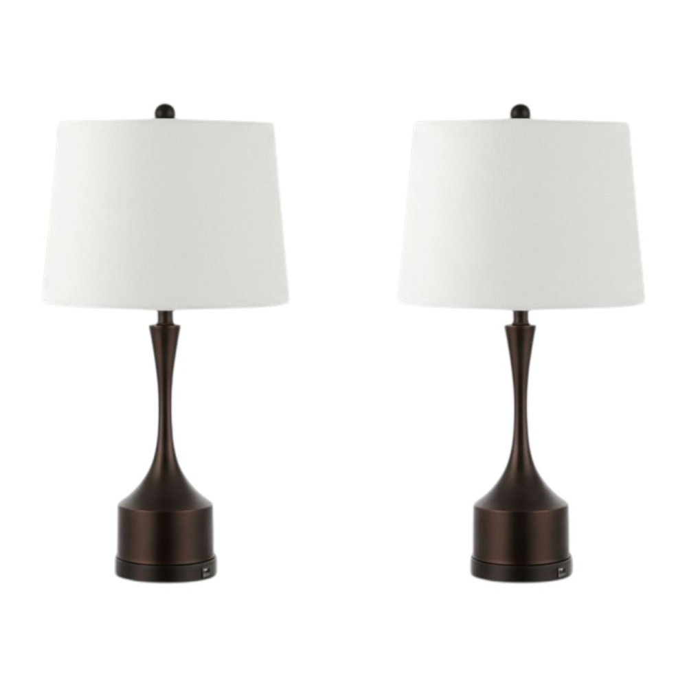 Set of Two 26" Antiqued Bronze Novelty USB Table Lamps With Empire Shades on a white background